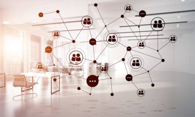 Noktalarla bağlantılı çizgiler ofis içi sosyal iletişim konsepti olarak. 3B görüntüleme