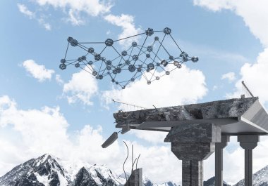 Sorun ve sosyal bağlantı c için fikir olarak hasarlı taş köprü