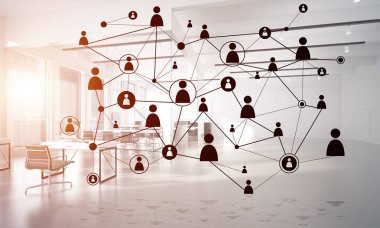 Noktalarla bağlantılı çizgiler ofis içi sosyal iletişim konsepti olarak. 3B görüntüleme