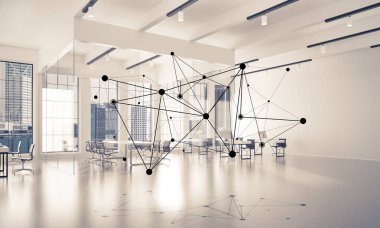Noktalarla bağlantılı çizgiler ofis içi sosyal iletişim konsepti olarak. 3B görüntüleme