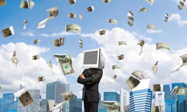 Başı yerine monitörü olan bir iş adamı..