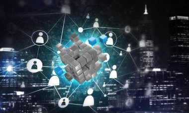 Koyu arkaplanda dijital küp figürüne sahip internet ve ağ kavramı