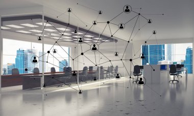 Noktalarla bağlantılı çizgiler ofis içi sosyal iletişim konsepti olarak. 3B görüntüleme