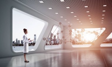 Hastane binası içinde ayakta iken sosyal ağ yapısı ile interracting Medikal Sanayi çalışanı kavramsal görüntü