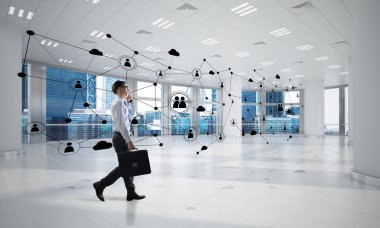 3D ofis içi ve sosyal bağlantı kavramındaki zarif iş adamı. Karışık ortam