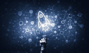 Roket simgesi parlayan ve dokunmadan teknoloji fikir kavramı