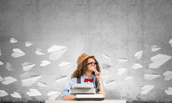 Young Beautiful Woman Writer Hat Eyeglasses Using Typing Machine While — Stock Photo, Image