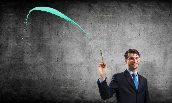 Horizontal Shot Cheerful Young Businessman Black Suit Standing Blue Coloured — Stock Photo, Image