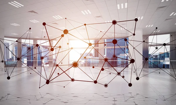 Lines connected with dots as social communication concept in office interior. 3D rendering