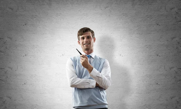 Horizontal Shot Confident Young Businessman Smart Casual Wear Smoking Pipe — Stock Photo, Image