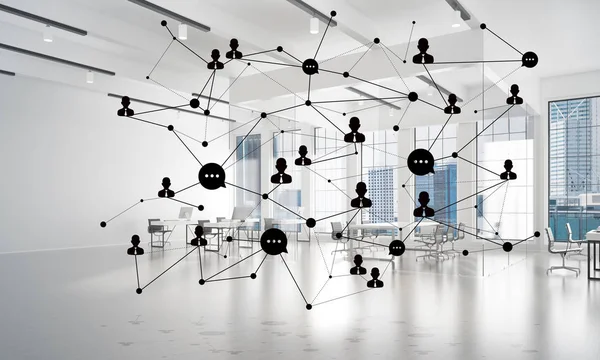 Lines connected with dots as social communication concept in office interior. 3D rendering