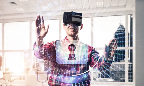 Guy Wearing Checked Shirt Virtual Headset Working Media Screen Panel — Stock Photo, Image