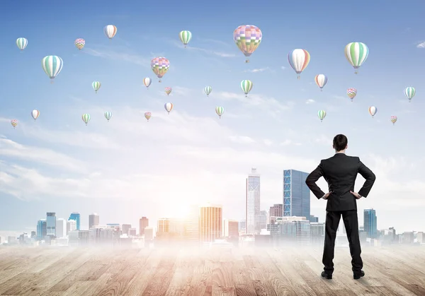 Businessman Standing Back Looking Aerostats Flying Air — Stock Photo, Image