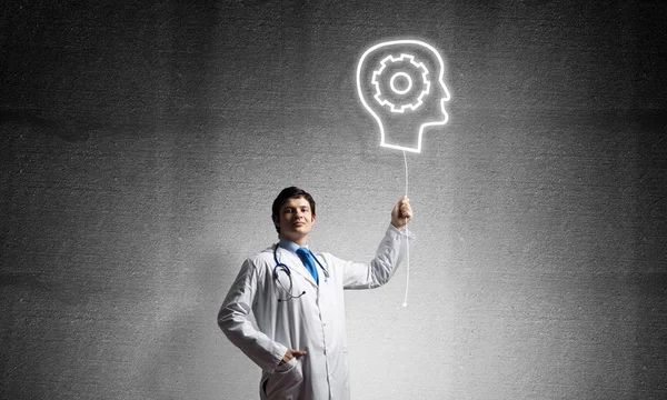 Confident Doctor White Uniform Interracting Glowing Gear Brain Symbol While — Stock Photo, Image