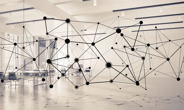 Lines connected with dots as social communication concept in office interior. 3D rendering