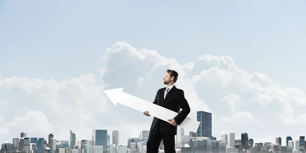 Cropped Image Successful Young Businessman Holding Big White Arrow Pointing — Stock Photo, Image