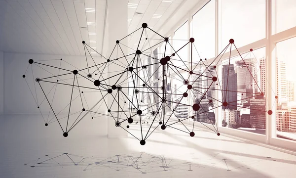 Lines connected with dots as social communication concept in office interior. 3D rendering