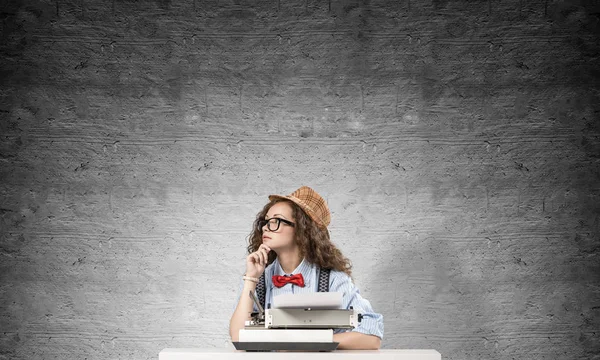 Young Beautiful Woman Writer Hat Eyeglasses Using Typing Machine While — Stock Photo, Image