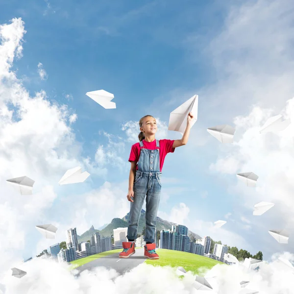 Cute Kid Girl City Floating Island Throwing Paper Plane — Stock Photo, Image