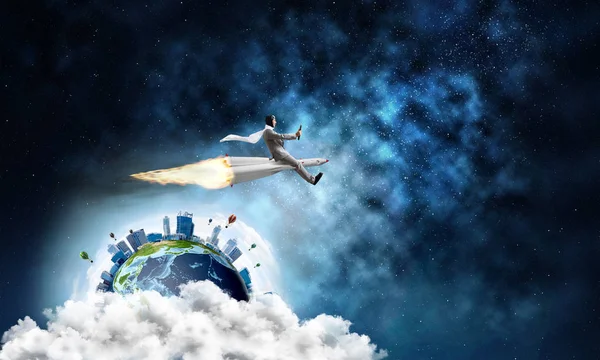 Conceptual Image Young Businessman Suit Flying Rocket Planet Earth Open — Stock Photo, Image