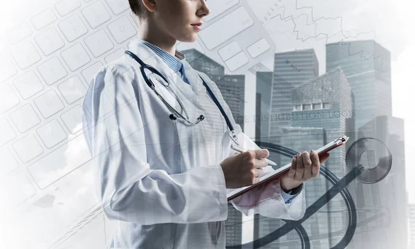 Conceptual image of confident medical industry employee writing in notebook with city view and medical equipment on background. Double exposure. Young female doctor