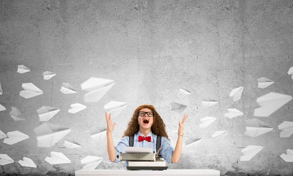 Young Beautiful Woman Writer Hat Eyeglasses Using Typing Machine While — Stock Photo, Image