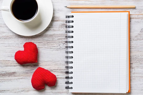 Coffee Cup Notepad Pencil Two Red Hearts Wooden Surface — Stock Photo, Image