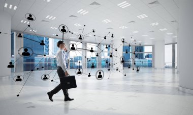 3D ofis içi ve sosyal bağlantı kavramındaki zarif iş adamı. Karışık ortam