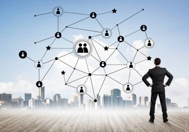 Modern şehir manzarası ve bağlantı konseptine bakan işadamlarının arka planı