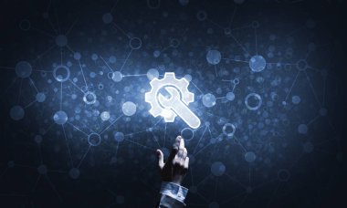 Karanlık arkaplanda teçhizat dijital sembolü olan teknolojik kavramsal görüntü