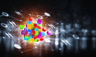 Koyu arkaplanda dijital küp figürüne sahip internet ve ağ kavramı