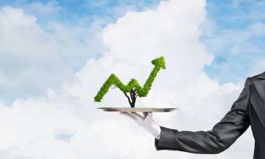 Tepsi üzerinde büyüyen grafik sunan garson el.