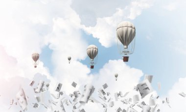 Renkli aerostats kağıt belgeler arasında ve mavi bulutlu gökyüzü üzerinde uçan. 3D render.