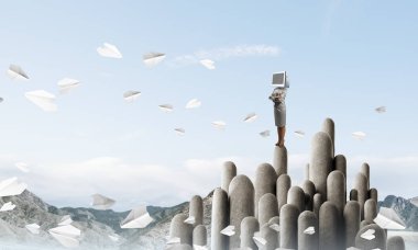 Başı yerine monitörü olan bir iş kadını..