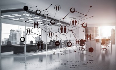 Noktalarla bağlantılı çizgiler ofis içi sosyal iletişim konsepti olarak. 3B görüntüleme