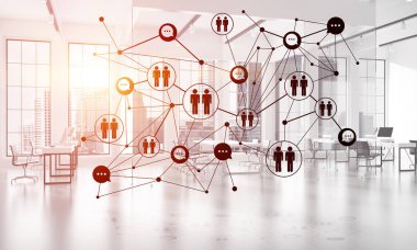Noktalarla bağlantılı çizgiler ofis içi sosyal iletişim konsepti olarak. 3B görüntüleme