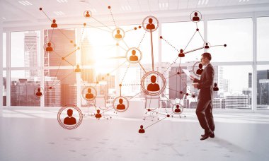 3D ofis içi ve sosyal bağlantı kavramındaki zarif iş adamı. Karışık ortam