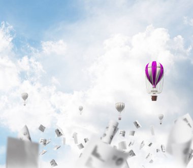 Renkli aerostats kağıt belgeler arasında ve mavi bulutlu gökyüzü üzerinde uçan. 3D render.