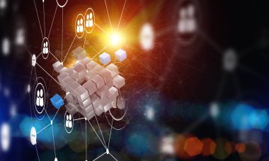 Koyu arkaplanda dijital küp figürüne sahip internet ve ağ kavramı