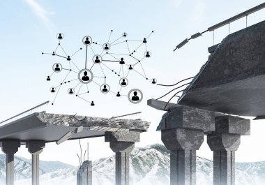 Sorun ve sosyal bağlantı c için fikir olarak hasarlı taş köprü