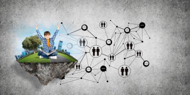 Bağlantı konsepti yüzen ada ve üzerinde kitap oturan mutlu çocuk