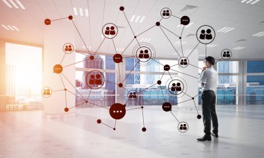 3D ofis içi ve sosyal bağlantı kavramındaki zarif iş adamı. Karışık ortam