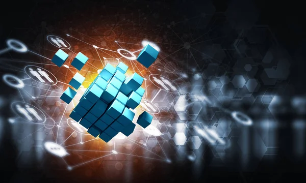 Koyu arkaplanda dijital küp figürüne sahip internet ve ağ kavramı