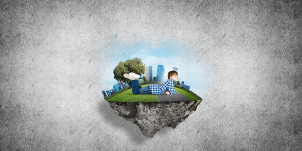 Eco Concept Floating Island Happy Kid Boy — Stock Photo, Image