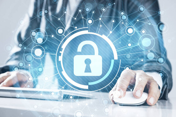 Концепция интернет-безопасности с вводом пароля женщиной на клавиатуре
