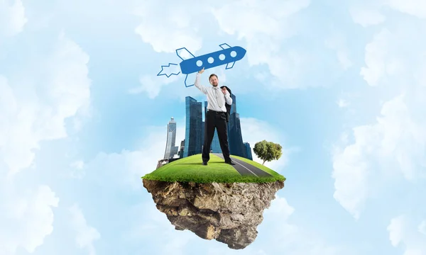 Horizontal Shot Successful Young Businessman Standing Flying Island Throwing Huge — Stock Photo, Image