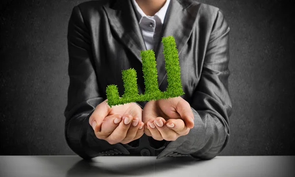 Businessman Suit Presenting Green Plant Form Growing Graph Hands Gray — Stock Photo, Image