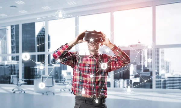 Young Man Virtual Reality Headset Glasses Connection Background Mixed Media — Stock Photo, Image