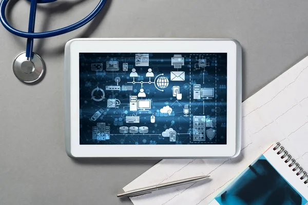 Concept of modern medicine with tablet on table from top view — Stock Photo, Image