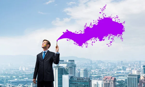 Young Happy Businessman Black Suit Holding Paintbrush His Hand While — Stock Photo, Image